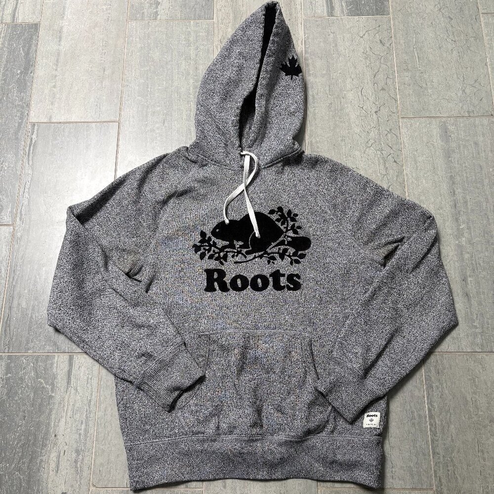 Roots Canada Heavyweight Hoodie Sweatshirt Beaver Logo Gray Heather Size Medium